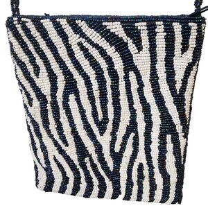 Zebra Stripe Glass Bead Beaded Shoulder Bag Blue & White 6"x7" Long Strap